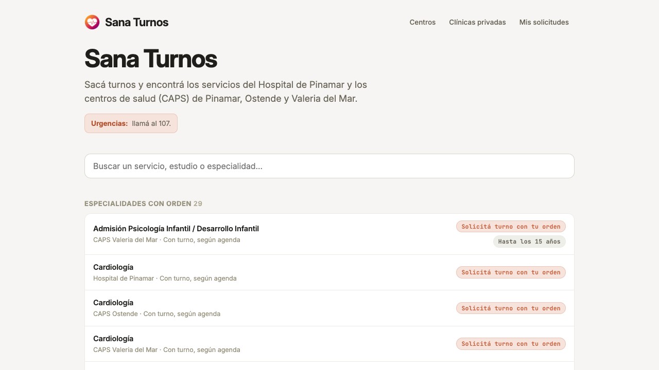 Pantalla de Pinamar Turnos con buscador de servicios del Hospital de Pinamar y los CAPS